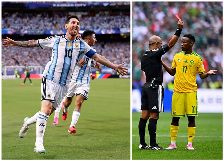 Lionel Messi fagnar hér einu marka sinna en hann skoraði tvö af þremur mörkum sínum eftir að sumum fannst að það hefði átt að reka hann af velli. Suður-Afríkumaðuinn Themba Zwane fékk aftur á móti rautt spjald og þriggja leikja bann.