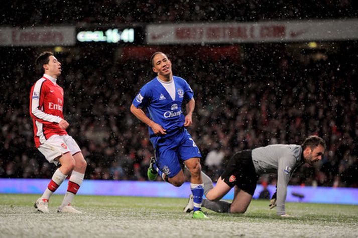 Steven Pienaar skorar hér síðara mark Everton í dag.