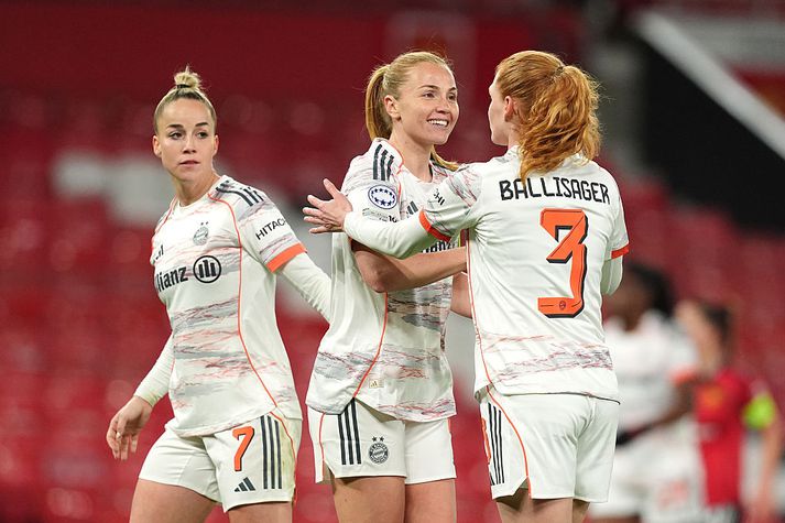 Glódís Perla Viggósdóttir var glaðbeitt eftir sigurinn gegn Manchester United á Old Trafford í gærkvöld.