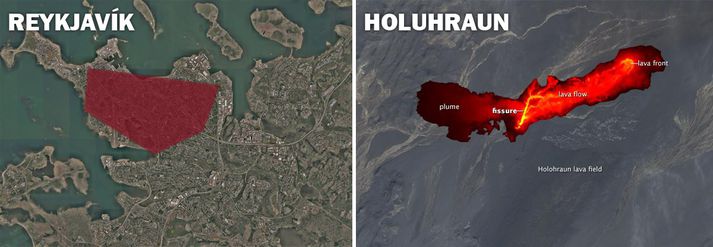 Eins og sjá má stækkar hraunið ört. Klukkan átta í morgun náði það yfir 11 km2 sem samsvarar drjúgum hluta af Reykjavík.