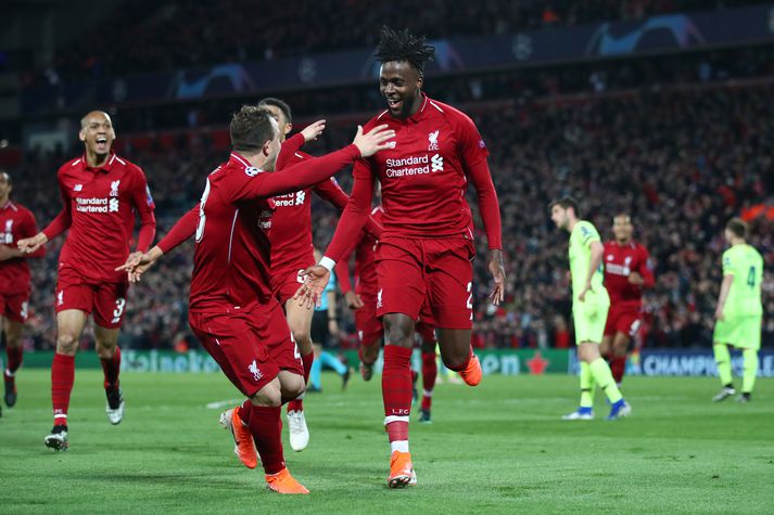 Origi fagnar markinu sem skaut Liverpool áfram í kvöld.