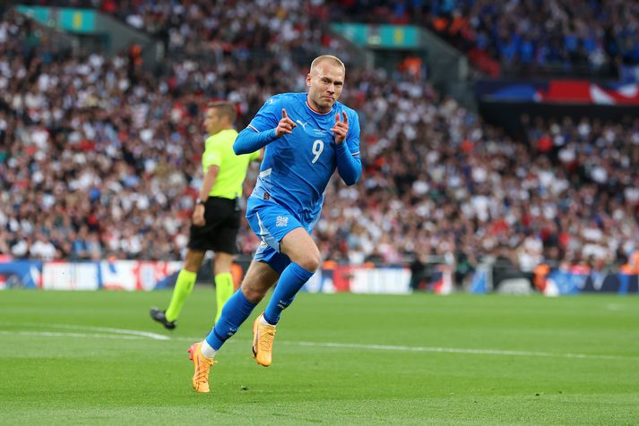 England v Iceland - International Friendly LONDON, ENGLAND - JUNE 07: Jon Dagur Thorsteinsson of Iceland celebrates scoring his team's first goal during the international friendly match between England and Iceland at Wembley Stadium on June 07, 2024 in London, England. (Photo by Richard Pelham/Getty Images)