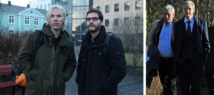 Frá tökum myndarinnar en til hægri getur að líta þá Kristinn Hrafnsson og Julian Assange.