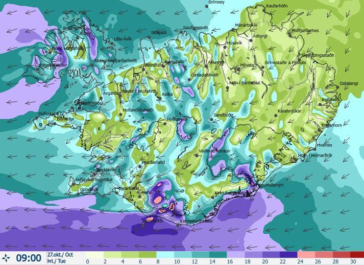 Vindaspá Veðurstofunnar klukkan níu í fyrramálið sýnir að ansi hvasst verður sunnan- og suðaustantil.