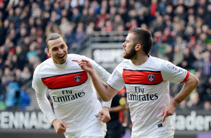 Zlatan og Menez fagna í dag.