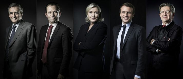 Francois Fillon, frambjóðandi Repúblikana, Benoît Hamon, forsetaefni Sósíalista, Marine Le Pen, leiðtogi Þjóðfylkingarinnar, Emmanuel Macron, leiðtogi En Marche hreyfingarinnar, og Jean-Luc Mélenchon, forsetaefni vinstrihreyfingarinnar La France Insoumise.