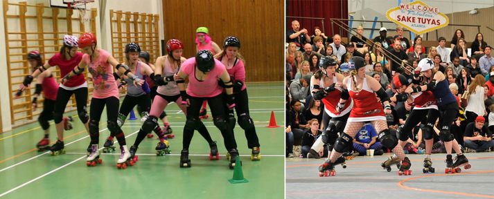 Á myndinni til vinstri má sjá íslenskar stelpur á æfingu. Á þeirri hægri má sjá Guðnýju keppa í Roller Derby í Bandaríkjunum