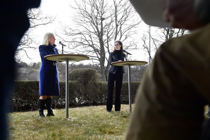 Sanna Marin, forsætisráðherra Finnlands, og Magdalena Andersson, forsætisráðherra Svíþjóðar héldu sameiginlegan blaðamannafund í Stokkhólmi, höfuðborg Svíþjóðar, í dag.