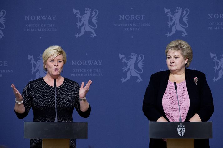 Siv Jensen, fjármálaráðherra og formaður Framfaraflokksins, og Erna Solberg, forsætisráðherra og formaður Hægriflokksins.