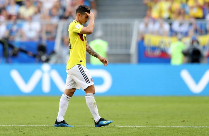 James Rodriguez er ein stærsta stjarna Kólumbíu. Hann meiddist í lokaleik þeirra í riðlakeppninni og er óvíst að hann taki meiri þátt í mótinu.