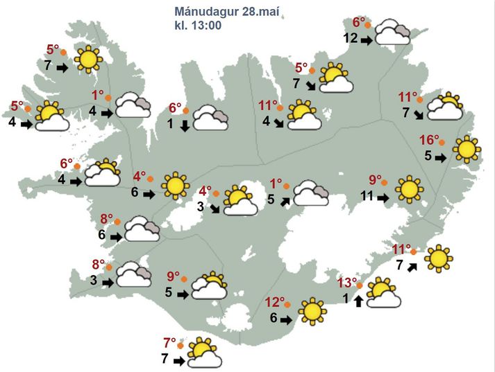 Hlýjast verður norðaustanlands á morgun.