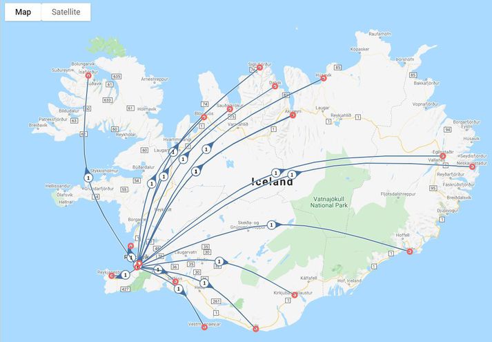 Hér má sjá skjáskot úr Controlant viðmótinu en þar sést á hvaða áfangastaði bóluefnið er að fara. Þarna fylgist starfsfólk Distica með hitastigi í sendingunum og hvar sendingarnar eru staddar.