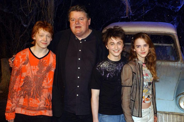 Frá vinstri: Rupert Grint, Robbie Coltrane heitinn, Daniel Radcliffe og Emma Watson