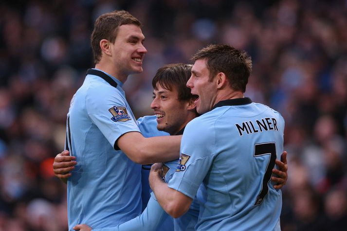 Leikmenn City fagna í dag.