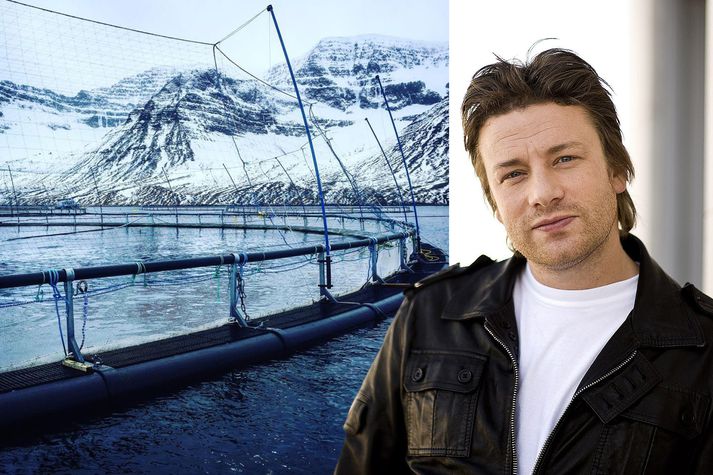 „Þvílíkt útsýni,“ var skrifað á Facebook-síðu Jamie Oliver þar sem birt var mynd af sjókví í Arnarfirði í vikunni. Fékk kokkurinn bágt fyrir frá mörgum sem eru á móti laxeldi.