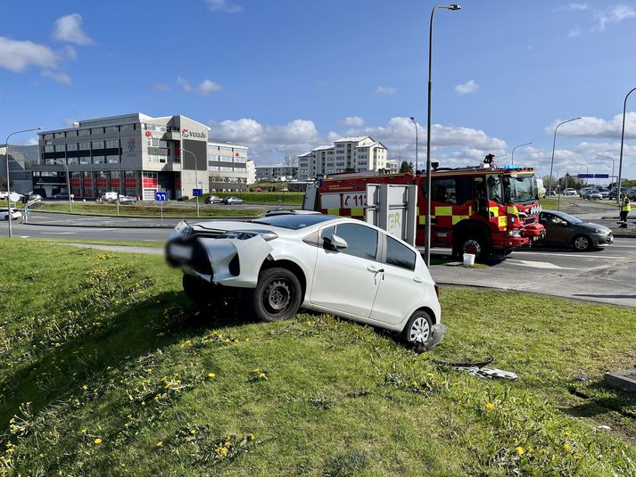 Bíllinn endaði nokkuð langt frá veginum.