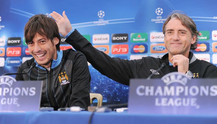Roberto Mancini og David Silva á blaðamannafundi.
