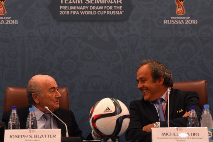 Platini og Blatter þegar dregið var í undankeppni Heimsmeistaramótsins 2018.