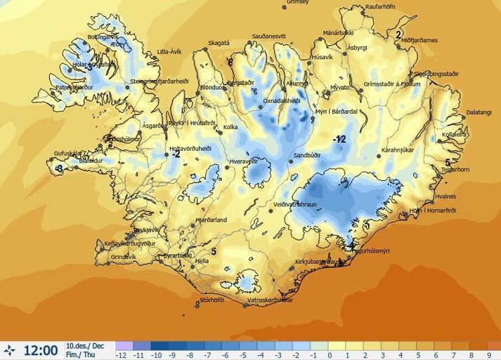 Hitaspákortið fyrir hádegi á fimmtudag lítur ágætlega út, að minnsta kosti miðað við kuldann sem var um helgina.