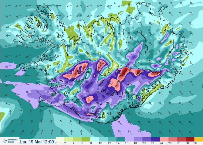 Hún er ekki kræsileg vindaspáin fyrir hádegið á laugardag fyrir sunnanvert, vestanvert og austanvert landið.