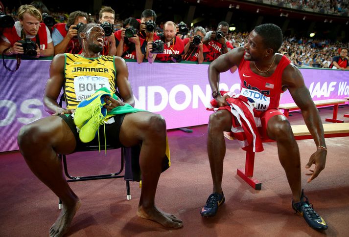 Usain Bolt og  Justin Gatlin eftir hlaupið.