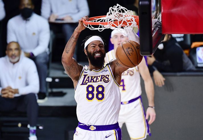 2020 NBA Finals - Game Three LAKE BUENA VISTA, FLORIDA - OCTOBER 04: Markieff Morris #88 of the Los Angeles Lakers dunks the ball during the first half against the Miami Heat in Game Three of the 2020 NBA Finals at AdventHealth Arena at ESPN Wide World Of Sports Complex on October 04, 2020 in Lake Buena Vista, Florida. NOTE TO USER: User expressly acknowledges and agrees that, by downloading and or using this photograph, User is consenting to the terms and conditions of the Getty Images License Agreement. (Photo by Douglas P. DeFelice/Getty Images)