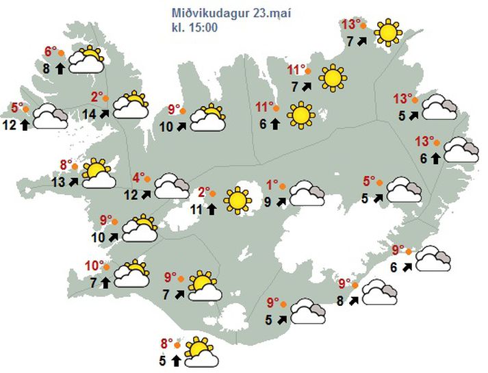 Það er að minnsta kosti ekki rigning eða snjókoma á þessu spákorti fyrir daginn í dag.