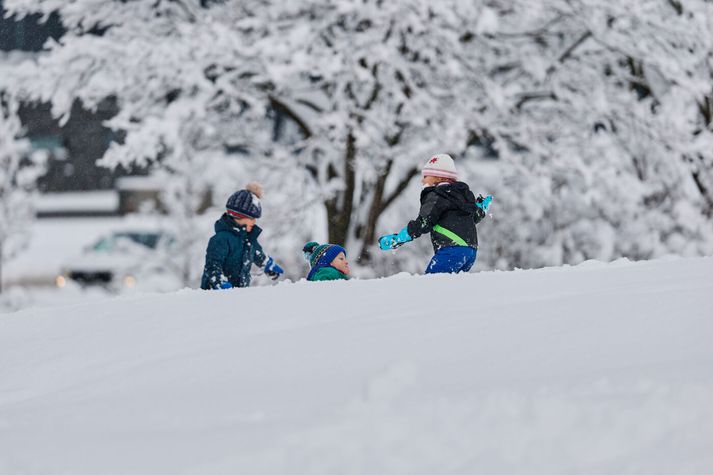 Börn að leik í snjónum sem lagðist yfir á suðvesturhorninu í lok október.