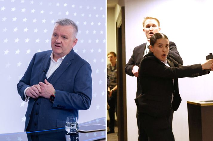 Friðjón Friðjónsson segir árásina til marks um heiftúðleikann í bandarískri umræðu. Til hægri má sjá leyniþjónustumenn bregðast við í Washington í gær.