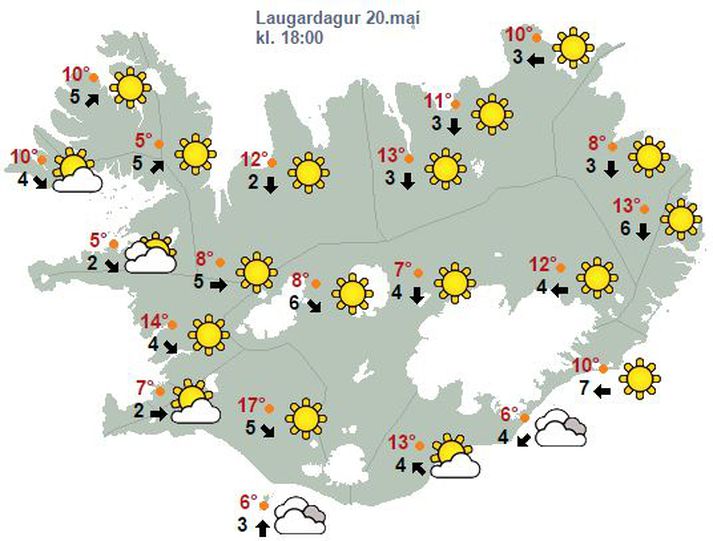 Spákort Veðurstofu Íslands fyrir laugardag.