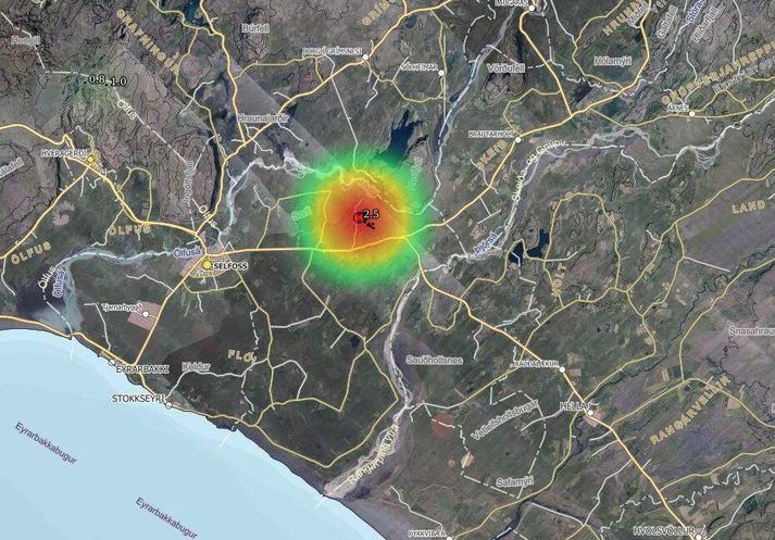 Skjálftarnir áttu flestir upptök sín við Ölvisholt.