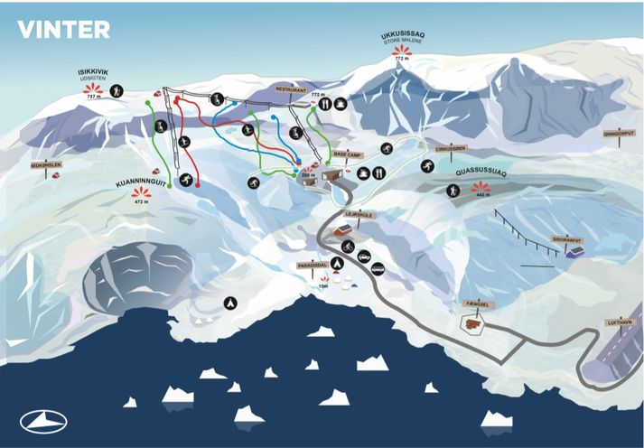 Skíða- og útivistarmiðstöðin Arctic Park við Nuuk, samkvæmt teikningu arkitektastofunnar TNT Nuuk. Nýja flugvöllinn má sjá neðst til hægri