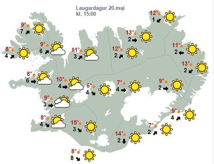 Spákort Veðurstofu Íslands fyrir laugardag.