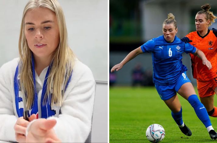 Ingibjörg Sigurðardóttir mundar hnífinn í gríni, í innslagi Vålerenga. Hún er vön að láta finna vel fyrir sér eins og hún gerði gegn Hollendingum í haust.