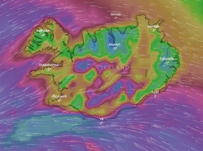 Skjáskot af vefnum Windy.com. Staðan á læginni klukkan 7 í fyrramálið.