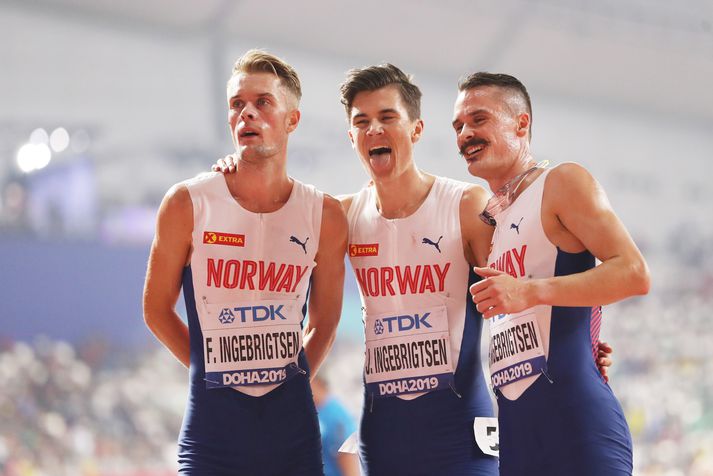 Filip Ingebrigtsen, Jakob Ingebrigtsen og Henrik Ingebrigtsen eftir hlaup á HM í Doha 2019.