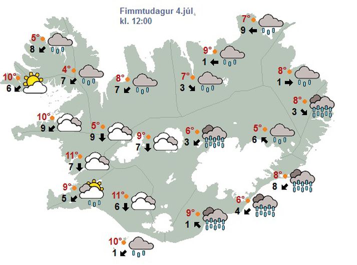 Það má búast við vætu í nánast öllum landshlutum á fimmtudag.