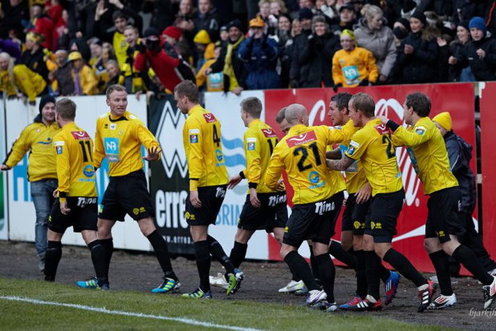 Skagamenn fagna hér marki í Pepsi-deildinni síðasta sumar.