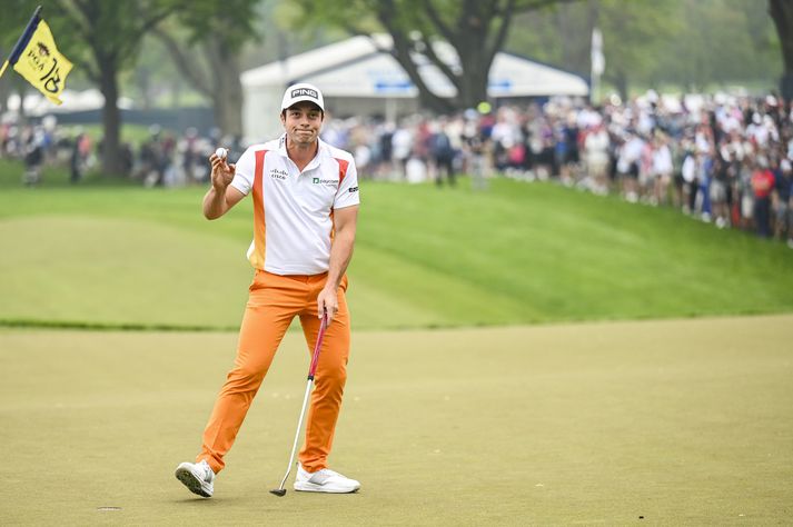 Viktor Hovland er einn þriggja kylfinga í efsta sæti á PGA meistaramótinu sem fram fer í Rochester í New York.