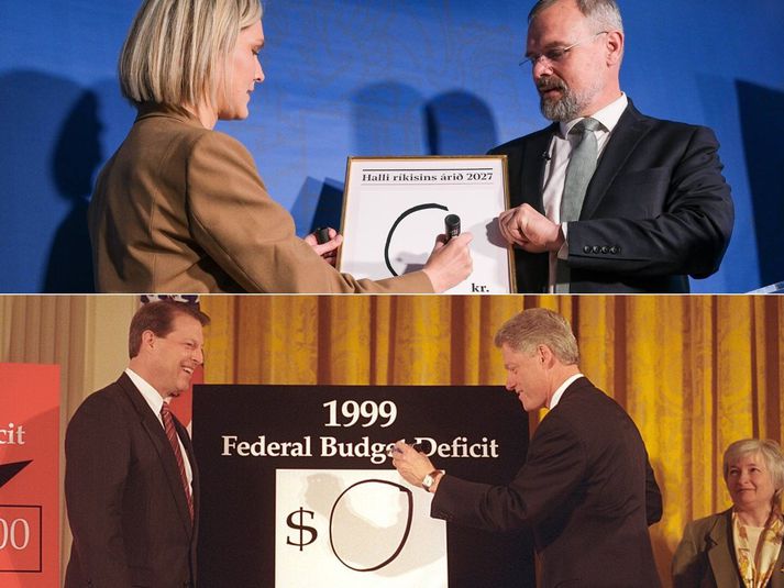Kristrún Frostadóttir skrifaði stórt núll á spjald við kynningu fjárlagafrumvarpsins í morgun. Bill Clinton gerði nánast það sama við hlið Als Gore í Hvíta húsinu árið 1998.