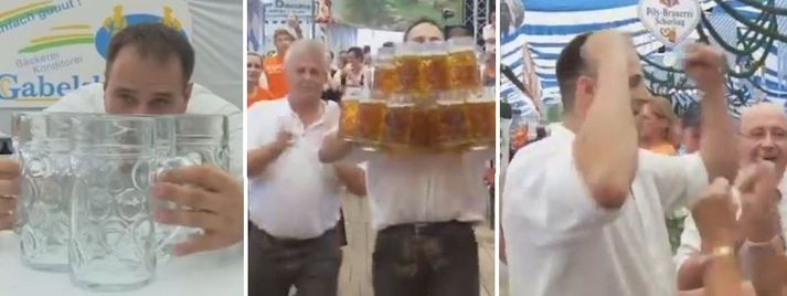 Hér er hann sigri hrósandi, heimsmethafinn sjálfur.