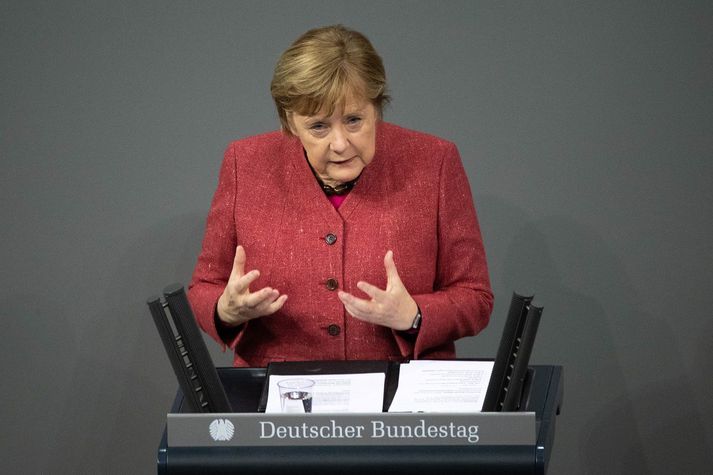 Angela Merkel, kanslari Þýskalands, á þýska þinginu í morgun.