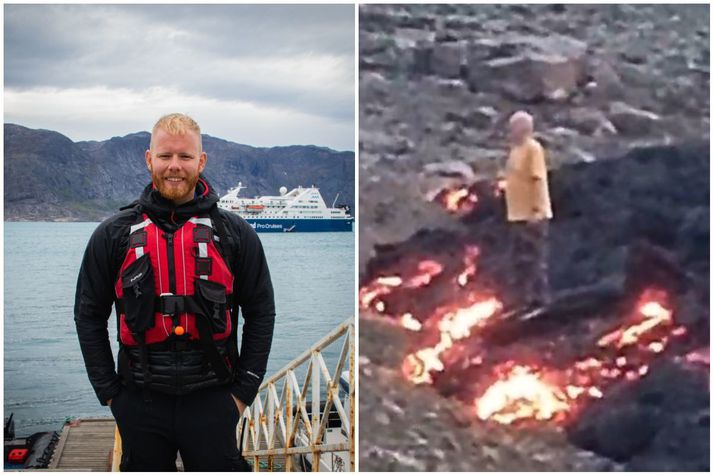 Hermann Helguson, leiðsögumaður og ljósmyndari, segist aldrei hafa upplifað annað eins. Hann varð vitni að karlmanni stíga upp á storknað hraun í Geldingadal en undir því vall logandi hraunið fram.