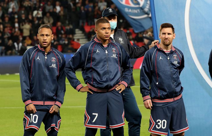 Neymar Jr., Kylian Mbappé og Lionel Messi voru allir í byrjunarliði PSG í dag.