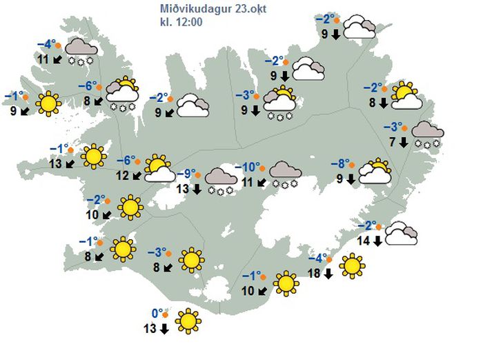 Eins og sést á þessu spákorti Veðurstofunnar fyrir hádegið í dag er ansi kalt um allt land.