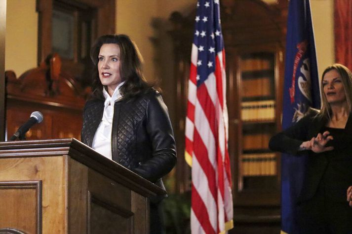 Gretchen Whitmer, ríkisstjóri Michigan, á blaðamannafundi í ríkinu í dag.