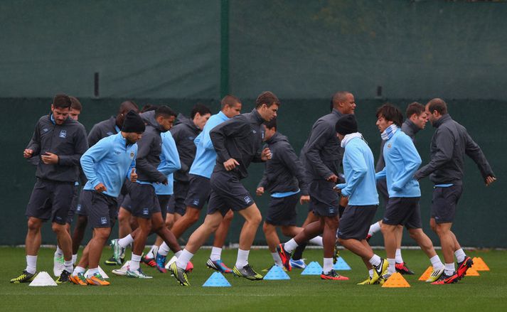 Leikmenn Englandsmeistaraliðs Manchester City á æfingu fyrir leikinn gegn Dortmund.