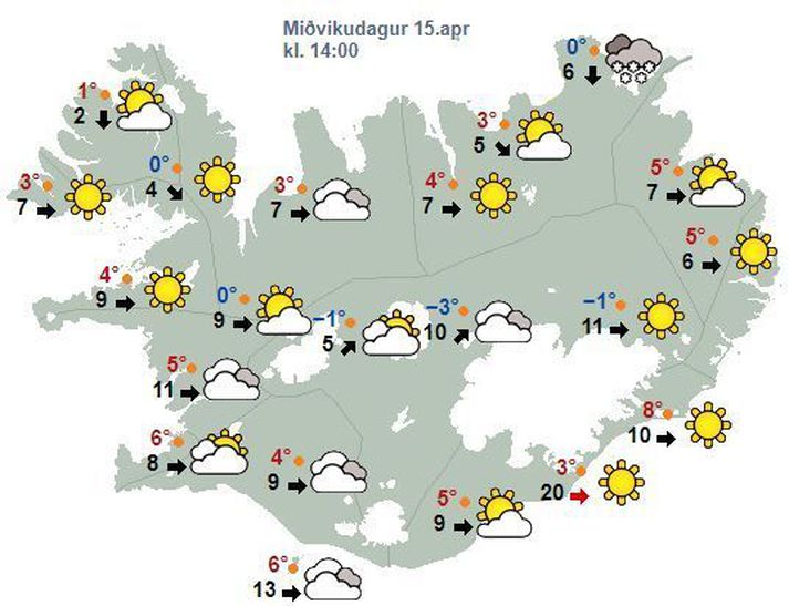 Spákortið fyrir klukkan 14 í dag, eins og það leit út um klukkan 8 í morgun.