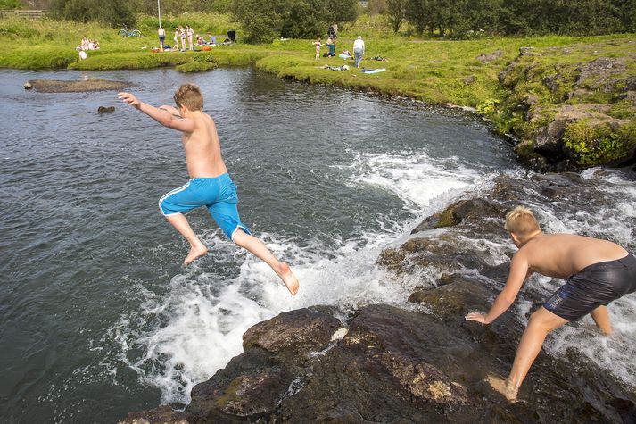 Krakkar njóta veðurblíðunnar í Elliðaárdalnum.