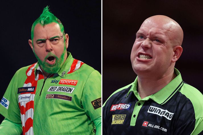 Van Gerwen (t.v.) vandaði Peter Wright ekki kveðjurnar.